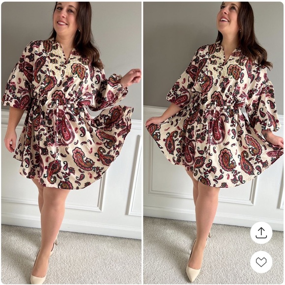 Zara Boho Chic Paisley Print Mini Tassle Mid Sleeve Dres w Quilted V Neck - Picture 1 of 8